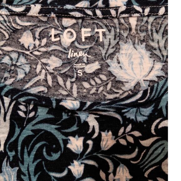 LOFT 100% Linen Top Shirt SM Lightweight Stretchy Floral Blue Summer Vacation - Picture 4 of 6